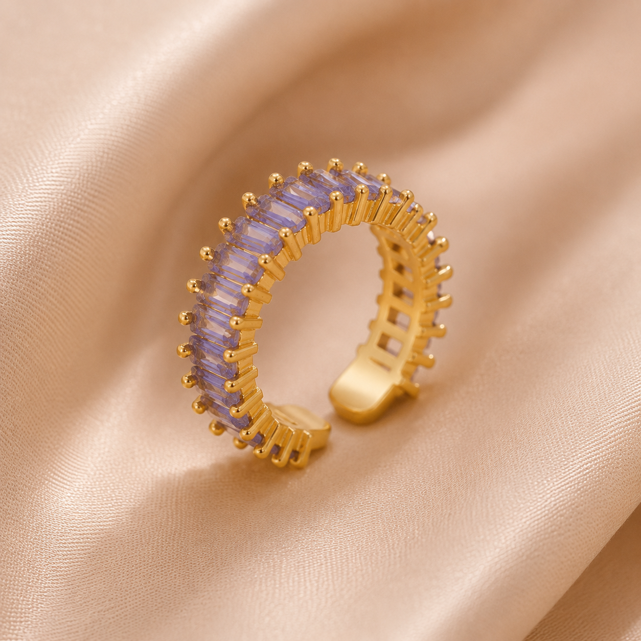 Gold Plated Stainless Steel Anti-Tarnish Purple Adjustable Finger Ring for Women | Contemporary Open Ring