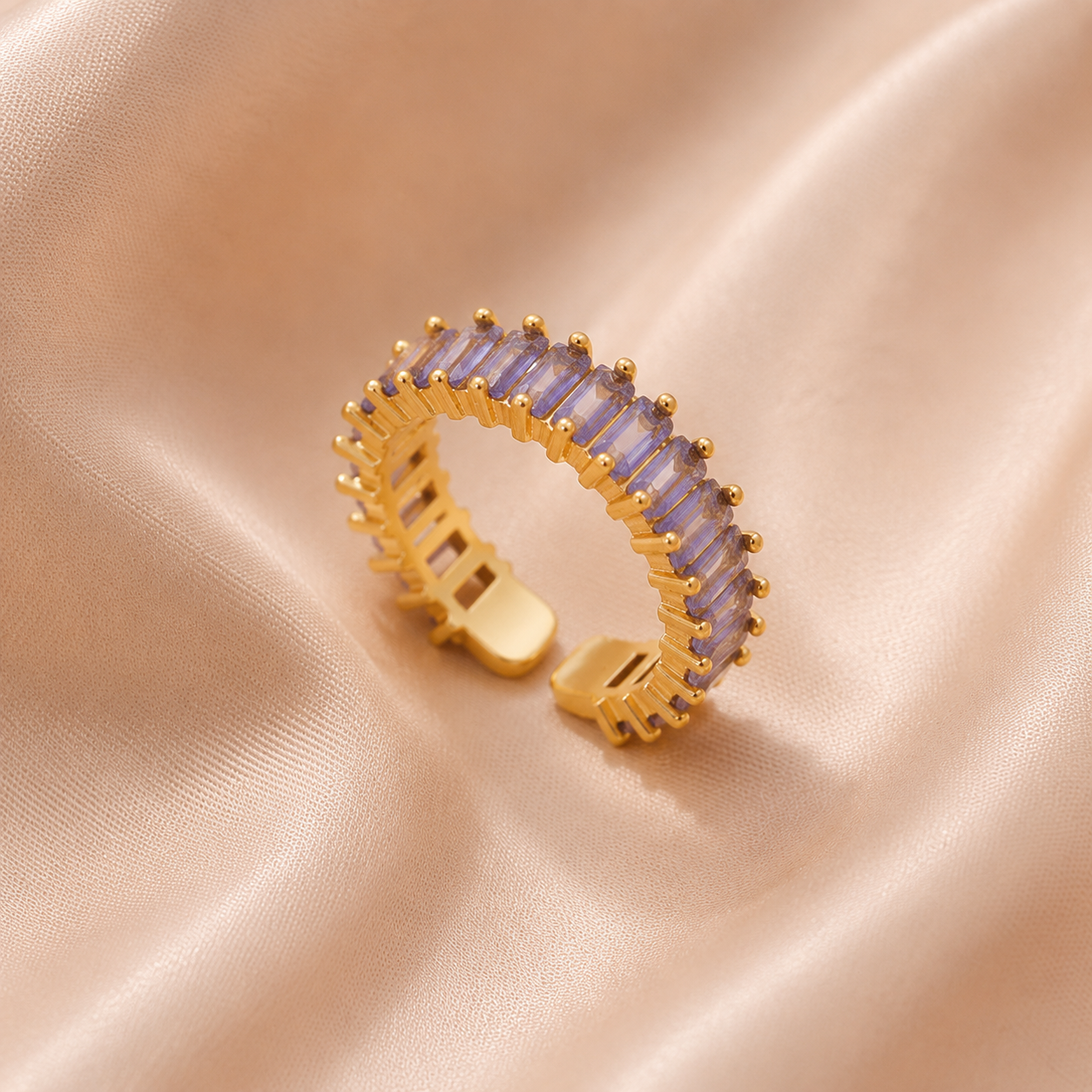 Gold Plated Stainless Steel Anti-Tarnish Purple Adjustable Finger Ring for Women | Contemporary Open Ring