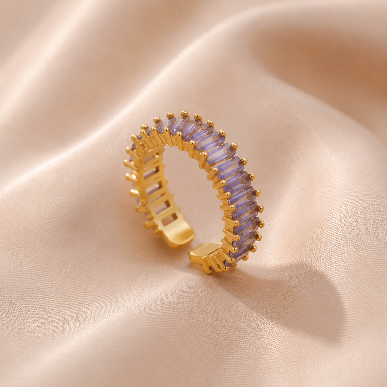 Gold Plated Stainless Steel Anti-Tarnish Purple Adjustable Finger Ring for Women | Contemporary Open Ring